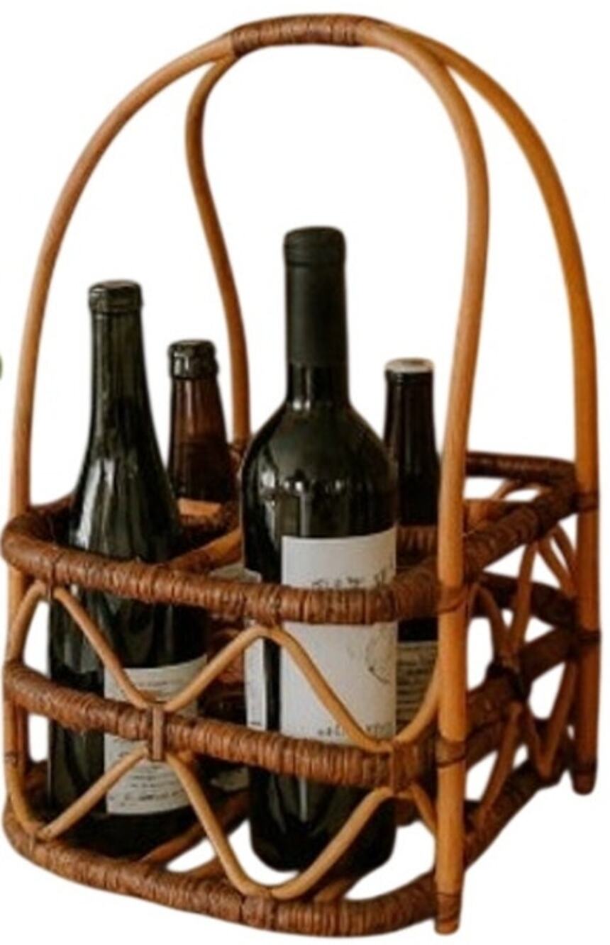 Vintage 80s Bent Wood Bamboo Wine Basket Holder Rustic Boho Farmhouse 18”